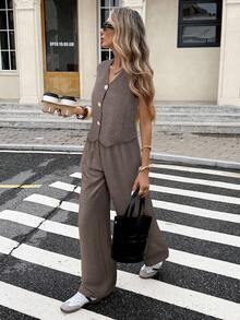 Serisse 女士金属单排扣马甲和裤子休闲两件套 - 棕色 - 查看 6