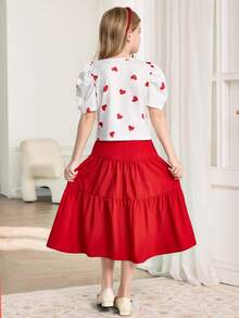 Tween Girl Heart Print T-Shirt And Red Skirt Set - Red - View 2
