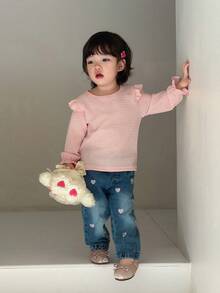 SHEIN 0-3 Jahre Baby Mädchen Frühling/Herbst süßer rosa Rundhals Langarm-Top mit Herz-Stickerei und Jeans-Hose Set, geeignet für Ausflüge, Lässig Bekleidung und Eltern-Kind-Partys - Verschiedenfarbig - Übersicht 3