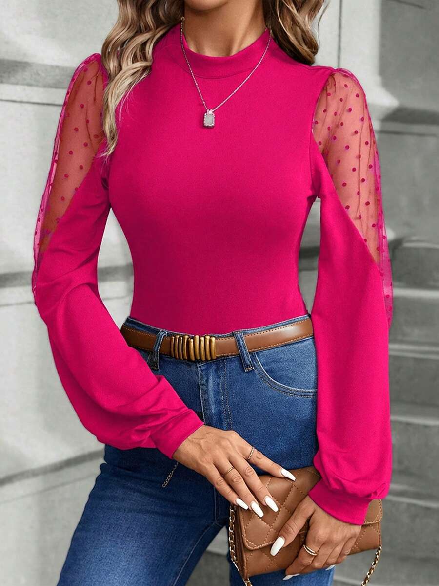 SHEIN Clasi 女士时尚网纱拼接立领长袖连体衣 - 玫紅色 - 查看 1
