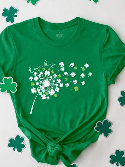 EMERY ROSE Plus Size Women's St Patrick's Day Graphic Tee, Dandelion Shamrock Irish Day Round-Neck Short Sleeve T-Shirt