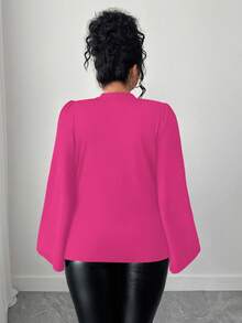 Elenzga 大码优雅通勤串珠装饰镂空喇叭袖T恤 - 玫紅色 - 查看 2