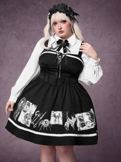 Goth Vestido de estilo princesa gótico dulce y oscuro, vestido de talla grande con estampado extraño y dulce