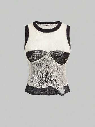 Grunge Punk Sexy Hollow Out Contrast Color Knitted Sweater For Women