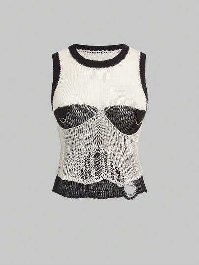 Grunge Punk Sexy Hollow Out Contrast Color Knitted Sweater For Women