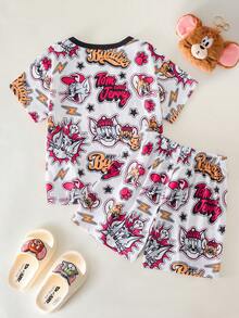 TOM & JERRY X SHEIN 2pcs/Set Young Boy Casual Allover Print Crew Neck Short Sleeve Top And Shorts Comfortable Pajama Set - Multicolor - View 2