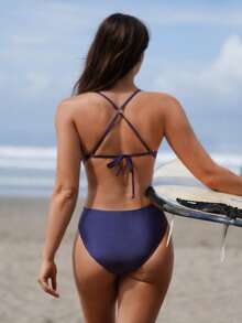 Swim SPRTY SURF 女士新款欧美风铆钉镂空连体泳衣，适合海滩派对、音乐节、夏季度假 - 藏蓝色 - 查看 2