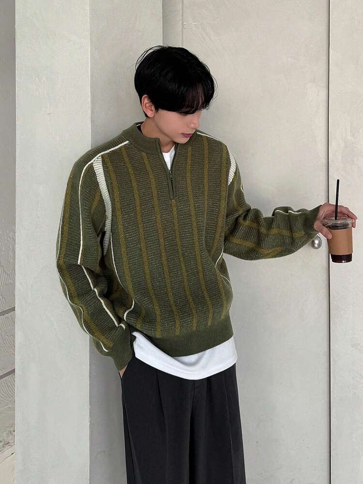 Men's Striped Patchwork Contrast Color Crew Neck Half-Zip Sweater, Autumn/Winter