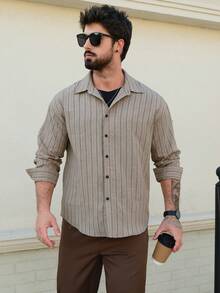 DAZY Men's Striped Khaki Casual Shirt, Spring - Khaki - View 6