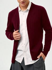 Calvornis Men's Solid Color Ribbed Knitted Long Sleeve Cardigan Sweater, Fall/Winter - Burgundy - View 4