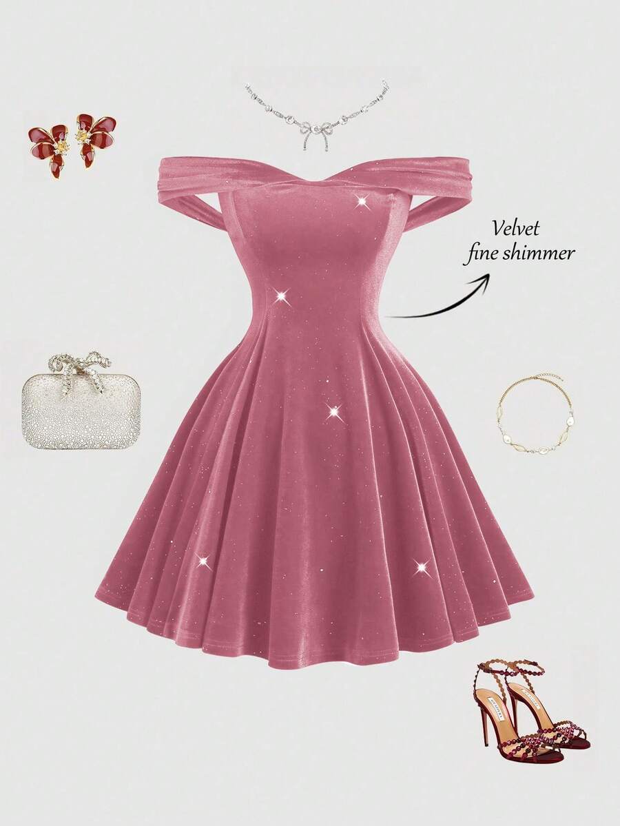 SHEIN PETITE 女士露肩派对鸡尾酒礼服，短款，适合宴会、秋冬季穿着 - 粉色 - 查看 1