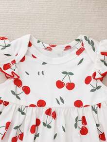 SHEIN 新生女宝宝可爱休闲针织樱桃图案荷叶袖连衣裙，夏季 - 彩色 - 查看 2