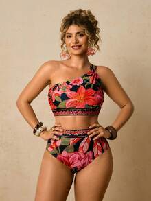 Travachic Bộ bikini cỡ lớn in họa tiết nhiệt đới, khoét eo, kiểu cổ yếm, thích hợp cho kỳ nghỉ hè trên bãi biển. - màu đen - Xem 3