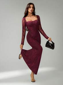 SHEIN Tall Đầm maxi đen ôm sát cơ thể, dài tay, dáng chữ S, chất liệu ren, có gọng nâng ngực, cổ vuông, ôm sát, dành cho nữ, thích hợp cho các buổi tiệc mùa hè, hẹn hò. - Màu tím - Xem 6