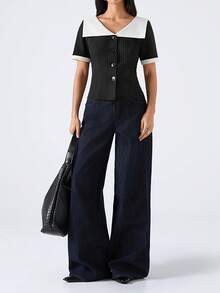 LYSMO 2026 Noutate Minimalism Primăvară/Vară pentru Femei Cu Guler Contrast Culoare Dungi Mânecă Scurtă Cu Un Singur Nasture, Serviciu/Casual de Afaceri/Birou, Top Elegant Alb-Negru Bluză Alb-Negru Topuri Preppy Topuri Business Casual Topuri Femei Topuri Office Pentru Femei - Albastru si alb - Vizualizare 1