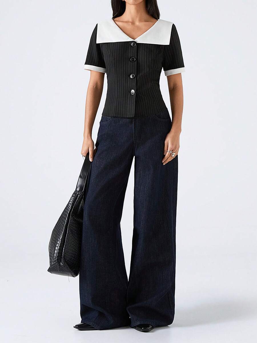 LYSMO 2026 Noutate Minimalism Primăvară/Vară pentru Femei Cu Guler Contrast Culoare Dungi Mânecă Scurtă Cu Un Singur Nasture, Serviciu/Casual de Afaceri/Birou, Top Elegant Alb-Negru Bluză Alb-Negru Topuri Preppy Topuri Business Casual Topuri Femei Topuri Office Pentru Femei - Albastru si alb - Vizualizare 1