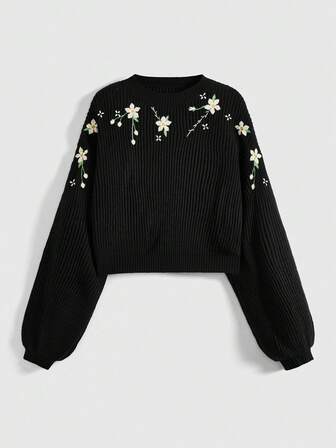 Fairycore Plus Size Casual Ribbed Knit Floral Embroidered Pullover Sweater, Autumn/Winter
