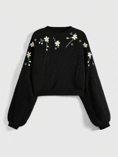 Fairycore Plus Size Casual Ribbed Knit Floral Embroidered Pullover Sweater, Autumn/Winter
