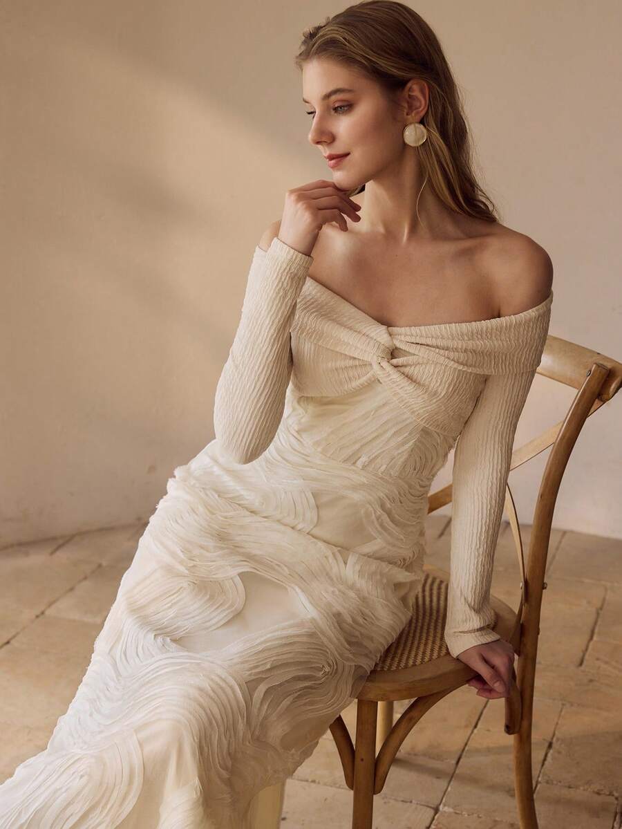 MOTF PREMIUM ONE-SHOULDER DRESS, ROMANTIC & ELEGANT TEXTURED FABRIC, TWIST DETAIL, LONG SLEEVE, WAIST-CINCHING, GRACEFUL & LADYLIKE DRESS - Apricot - View 1