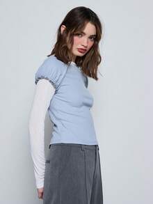 COUREZ 荷叶边袖口叠层上衣，撞色叠穿造型 / Y2K 冬季女装休闲上衣，适合女性工作、外出、派对、新年等场合，秋冬季休闲针织衫 - 彩色 - 查看 5