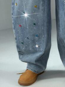 ROMWE MEN Street Life Pantalones de hombre con piernas curvas y adornos de rhinestones de colores únicos - Azul - Ver 5