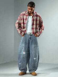 ROMWE MEN Street Life Pantalones de hombre con piernas curvas y adornos de rhinestones de colores únicos - Azul - Ver 7