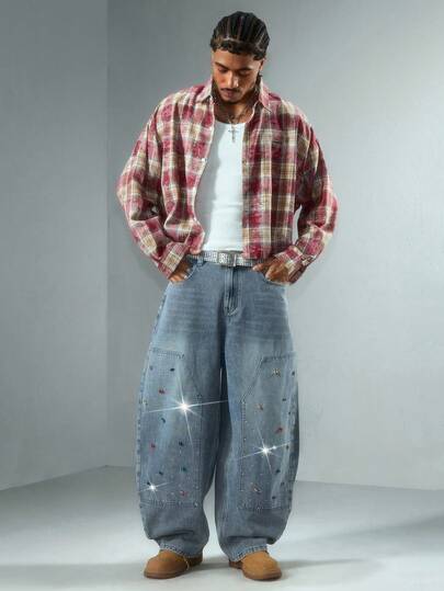 Men's Colorful Rhinestone Embellished Unique Curved Leg Pants