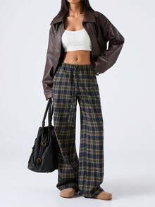 SHEIN EZwear Women Plaid Print Drawstring Waist Pants