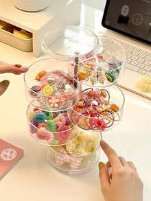 Children's Hair Accessory Storage Box Dustproof Rotating Girl Baby Hair Accessory Earrings Hair Clip Hair Clip Headband Rope Rubber Band Jewelry Box Transparent Cosmetics Desktop Storage Box Rotatable Multi-Layer Partition Ins Style Jewelry Box Hair Clip Dustproof - Clear - View 3
