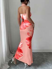 SHEIN PETITE Đầm nữ dài ngang gối dáng ôm in họa tiết, cổ yếm, thắt eo, kiểu dáng mùa hè 2025. - Bụi hồng - Xem 2