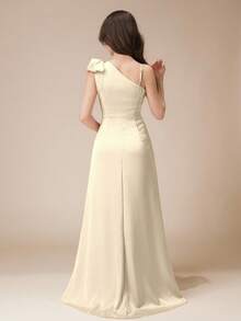 Bridesmaid High-End Sense Teenage Girl One Shoulder Bow Pleated Slit Long Dress, Suitable For Prom, Wedding, Birthday Party, Performance - Champagne - View 2