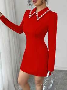 Selianne 新款优雅休闲百搭商务连衣裙，黑白撞色A字裙，尽显女性柔美时尚，圣诞节装扮，小领珍珠装饰，收腰设计，长袖，节日庆典礼服，适合度假、独立日、劳动节、哥伦布日、感恩节、情人节等场合。 - 紅色 - 查看 7