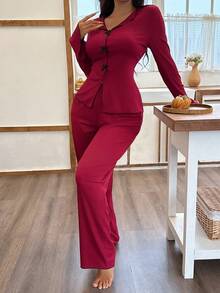 SHEIN 女士针织纹理休闲蝴蝶结装饰睡衣套装，舒适优雅的家居服，秋季款 - 酒紅色 - 查看 4