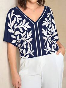 Chikora Plus Size Elegant Floral Print V-Neck Short Sleeve Shirt, Summer, Summer Tops - Navy Blue - View 5