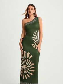 CAJUNI Seafood Shell Print One Shoulder Mid Dress - Dark Green - View 3