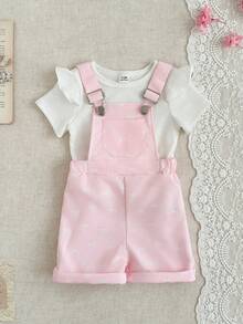SHEIN 2pcs Cute White Knitted Short-Sleeved Ruffled Top & Pink Romper Shorts With Bow Set For Baby Girls,Perfect For Autumn Outings,Family Matching - Pink - View 2