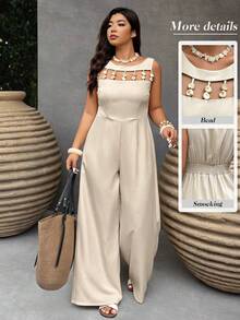 Weeklong Women's Sleeveless Casual Vacation Beaded Waist Jumpsuit, Elegant Vacation Outfit, Daily Outing Jumpsuit, Commuting Jumpsuit - Apricot - View 1