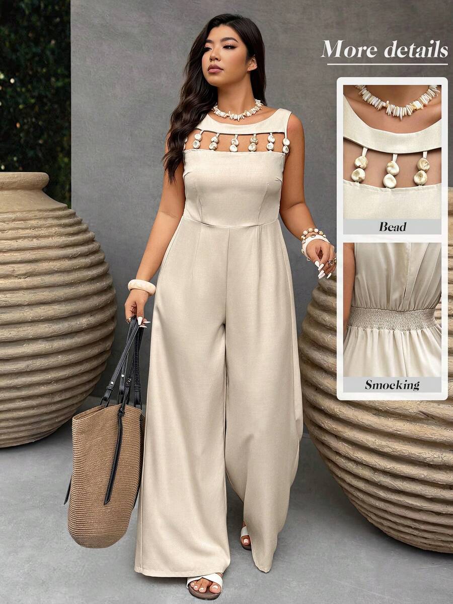 Weeklong Women's Sleeveless Casual Vacation Beaded Waist Jumpsuit, Elegant Vacation Outfit, Daily Outing Jumpsuit, Commuting Jumpsuit - Apricot - View 1