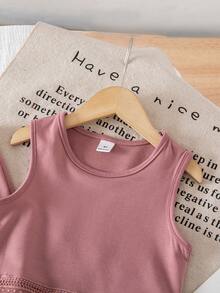 2件套女童休闲纯色圆领无袖背心和流苏喇叭裤，时尚套装 - 粉色 - 查看 5