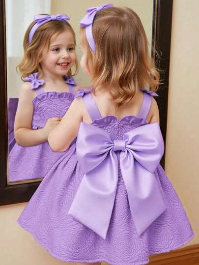 Elladie kids Baby Girl Comfortable & Fashionable Satin Bow Floral Jacquard A-Line Dress, Suitable For Flower Girl Or Special Occasions Like Birthday Party And Holiday Celebration, Spring/Summer