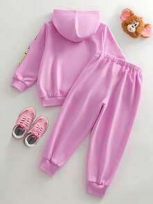 TOM & JERRY X SHEIN 少女休闲日常通勤趣味卡通字母印花连帽衫和运动裤套装，秋/春季 - 粉色 - 查看 2