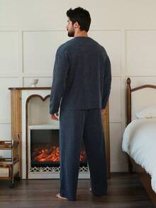 DAZY Haze Blue T-Shirt And Pants Men's Pajama Set, Spring/Autumn - Dusty Blue - View 2