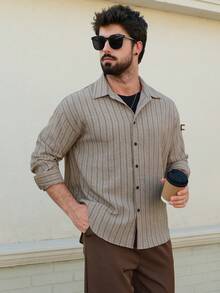 DAZY Men's Striped Khaki Casual Shirt, Spring - Khaki - View 7