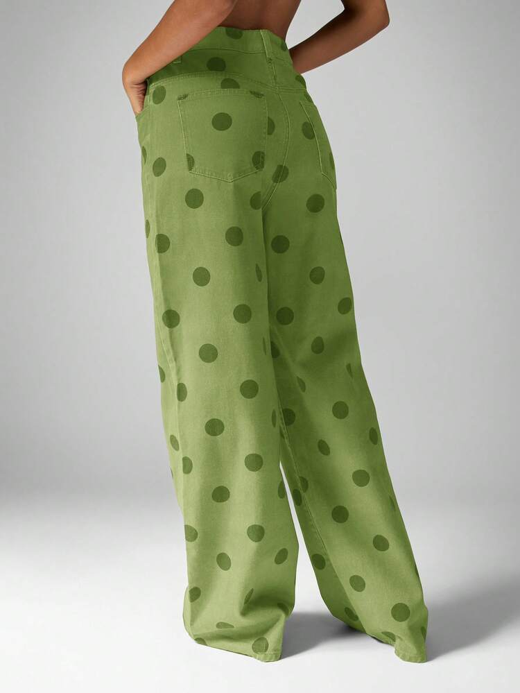 MISSGUIDED Jeans a vita alta a gamba ampia con motivo a pois, stile vintage vintage, lunghezza intera, gamba dritta, casual da tutti i giorni, pantaloni in denim, primavera estate