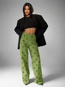 MISSGUIDED Quần jeans ống rộng cạp cao chấm bi cho nữ, kiểu dáng cổ điển retro, ống thẳng dài, quần denim thường ngày thoải mái cho mùa xuân hè. - Màu xanh lá cây đậm - Xem 4