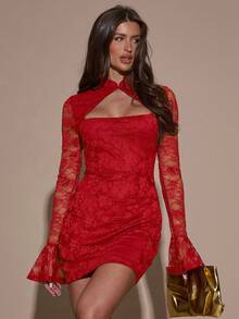 SHEIN BAE Vestido mini sexy y elegante de mujer con encaje calado - Rojo - Ver 5