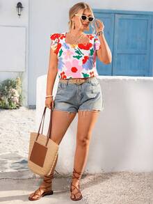 Vivid Eden 大码女式印花方领短袖衬衫，情人节款，适合春夏外出和度假穿着，夏季度假碎花上衣 - 彩色 - 查看 5