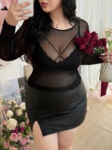 CovetEZ 大码女式时尚性感透视波点网纱上衣情人节 - 黑色 - 查看 3