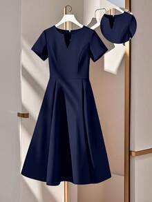 GlowEve CURVE Plus Size Solid Color Notched Neck Elegant Short Sleeve Dress - Navy Blue - View 1