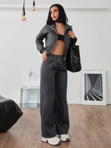 EURMUSE WOMAN COSY TWO PIECES LOUNGEWEAR WITH DOUBLE SIDE ZIPPER - Grey - View 5
